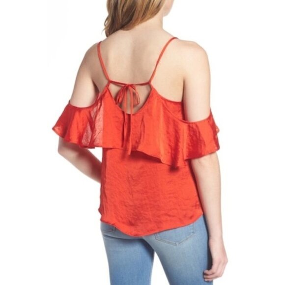 BP Womens Blue Flutter Sleeve Cold Shoulder Silky Satin Camisole Top Sz S New - Picture 2 of 10